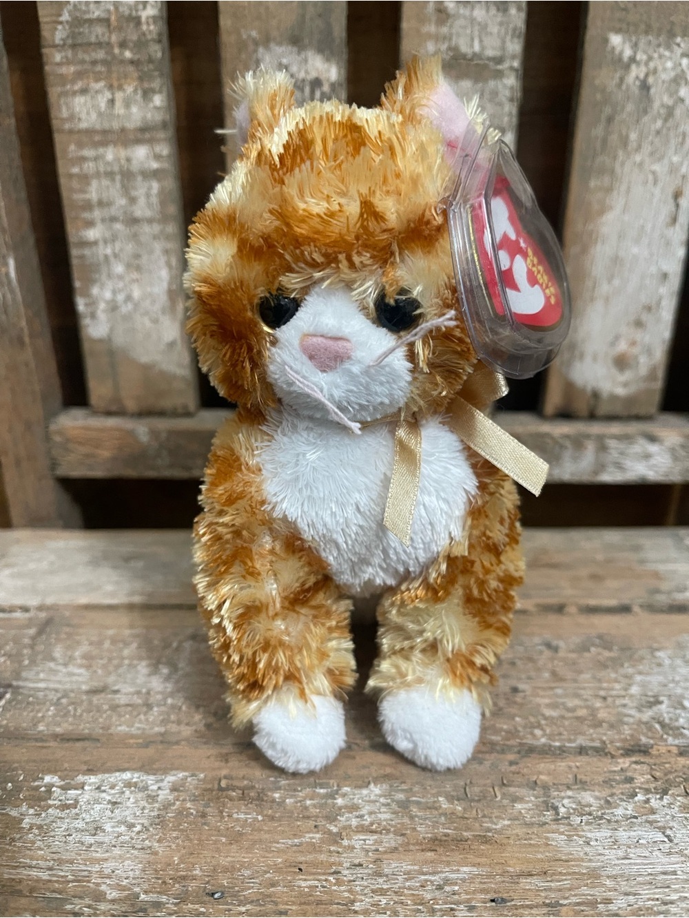 Plush Orange & White Cat Stuffed Animal with Ribbon - Ty Beanie-Style Toy